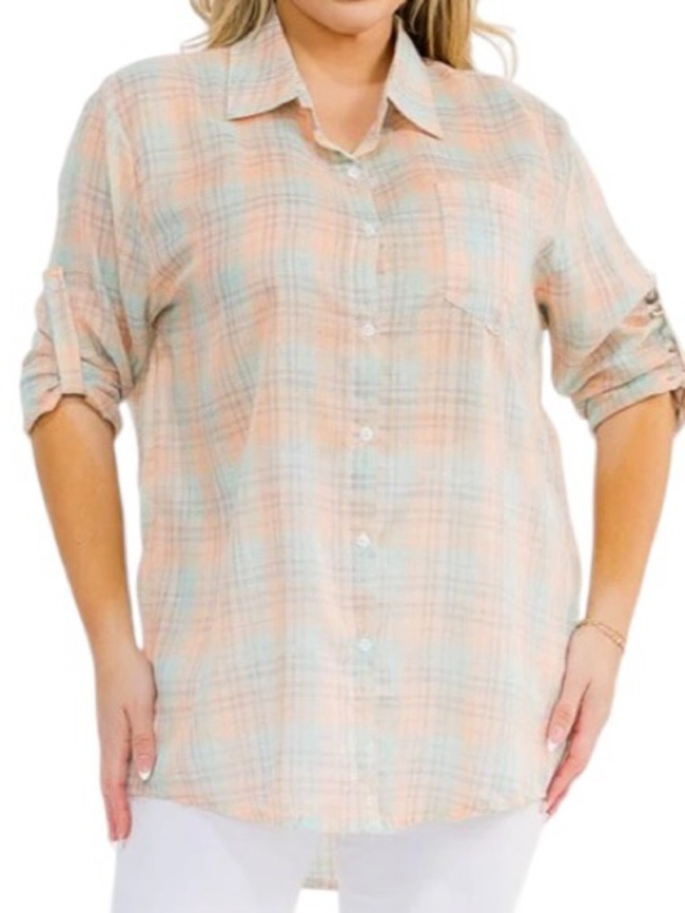 Plus Cotton Light Weight Button Down Plaid Shirt Tab Tie Muted Pastel/Neautrals